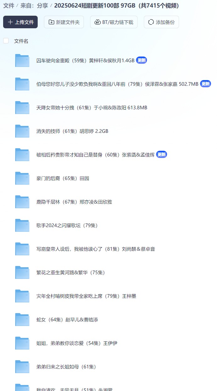 【短剧】20250624短剧更新100部 97GB（共7415个视频）