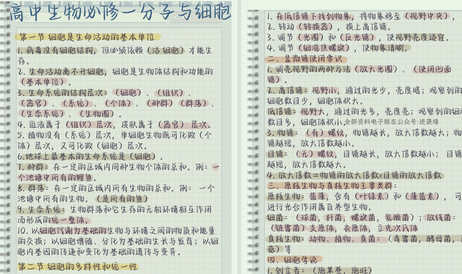 新高一生物必修第一章月考重点 PDF 21.7M