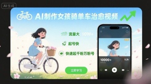 AI制作女孩骑单车治愈视频，流量大，起号快，快速起千粉万粉号【72.8MB/MP4】