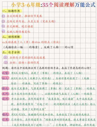 小学3-6年级35个阅读理解万能公式，建议收藏少走弯路【20.4MB】