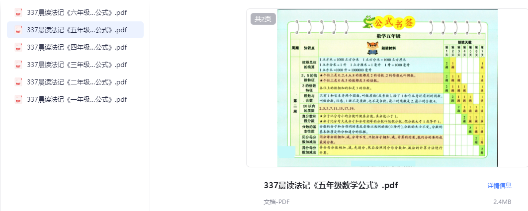 337晨读1-6年级《数学公式书签》【16.6MB】