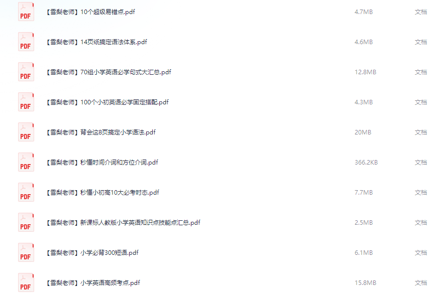 雪梨老师《小学英语必考知识点80页》PDF资料【90.3MB】