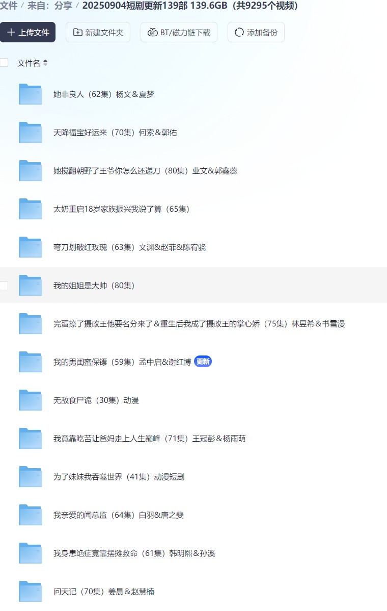 【短剧】20250904短剧更新139部 139.6GB（共9295个视频）